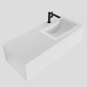 Zaro Lagom volledig naadloos solid surface onderkast 110cm mat wit met 1 lade Push tot open. Compleet met solid surface wastafel met 1 kraangat(en)