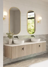 Muebles Ezra badmeubel ribbelfront 200cm naturel eiken met wit toppaneel en waskom
