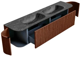 Mondiaz Kurve-dlux 190cm badmeubel ronding links/rechts ruby met 2 lades en deuren en wastafel stor small dubbel zonder kraangat lava
