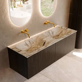 Mondiaz Kurve-dlux 130cm badmeubel shadow met 2 lades en wastafel leaf dubbel zonder kraangat glace