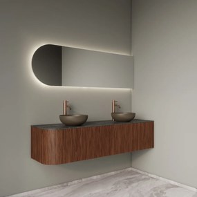 Gliss Design Alluro badmeubel ribbelfront met ronding links 160cm walnut en zwart leisteen toppaneel
