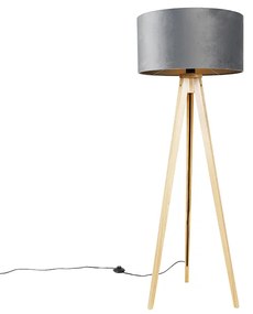 Vloerlamp hout met stoffen kap grijs 50 cm - Tripod Classic Modern E27 rond Binnenverlichting Lamp