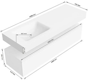 Zaro Alan badmeubel 140cm urban 1 lade met vrijhangende wastafel cloud links 1 kraangat urban
