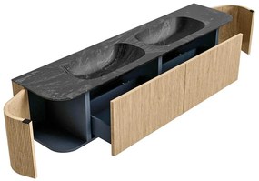 Mondiaz Kurve-dlux 190cm badmeubel ronding links/rechts oak met 2 lades en deuren en wastafel stor small dubbel 2 kraangaten lava