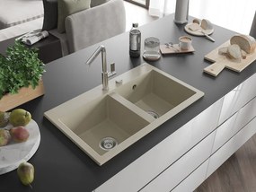 Mexen Hektor granieten gootsteen 2-kamerig 800 x 480 mm, beige, chrom sifon - 6521802000-69