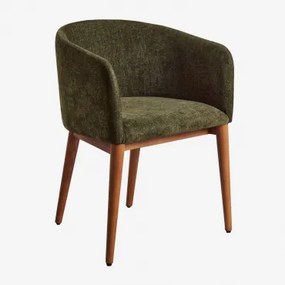 Set Van 4 Bunia Gestoffeerde Eetkamerstoelen Met Armleuningen Donker Hout & Chenille Saliegroen - Sklum
