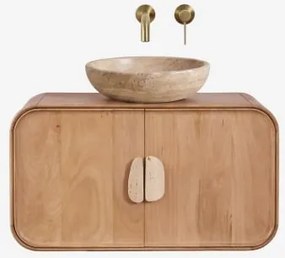 Hangend Badkamermeubelset 95x45 Cm Van Mangohout En Natuurlijke Kivalina-steen Spiegelloze & Orveta Inbouwspoelbak In Geborsteld Goud Met Aftapkraan Z