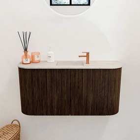 Mondiaz Joya DLux 85cm toiletmeubel ronding links/rechts walnut met wastafel faye midden 1 kraangat ostra