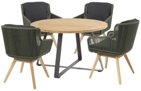 4 Seasons Outdoor Flores eetset green met Basso tafel teak blad Ø 130 cm *** ACTIE ***  Tuinset    houtkleur weerbestendig