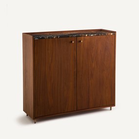 Halmeubel in notenhoutfineer met amberkleurig marmeren blad, Noham