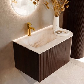 Mondiaz Kurve-dlux 75cm badmeubel ronding rechts ruby met 1 lade en deur en wastafel grunne kraangat links frappe