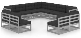 vidaXL 11-delige Loungeset met kussens massief grenenhout grijs