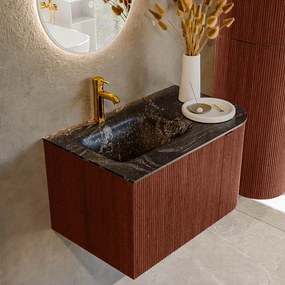 Mondiaz Kurve-dlux 75cm badmeubel ronding rechts ruby met 1 lade en deur en wastafel grunne kraangat links lava