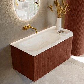 Mondiaz Kurve-dlux 95cm badmeubel ronding rechts ruby met 1 lade en deur en wastafel big small links zonder kraangat ostra