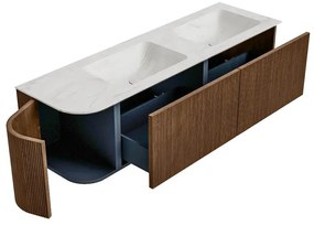 Mondiaz Kurve-dlux 155cm badmeubel ronding links walnut met 2 lades en 1 deur en wastafel leaf dubbel/rechts 2 kraangaten ostra