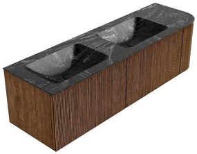 Mondiaz Kurve-dlux 155cm badmeubel ronding rechts walnut met 2 lades en 1 deur en wastafel leaf dubbel/links 2 kraangaten lava