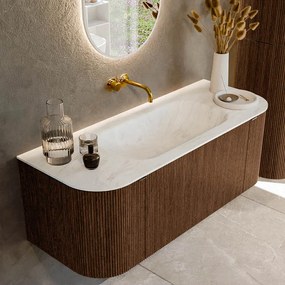 Mondiaz Kurve-dlux 120cm badmeubel ronding links/rechts walnut met 1 lade en 2 deuren en wastafel big small midden zonder kraangat opalo