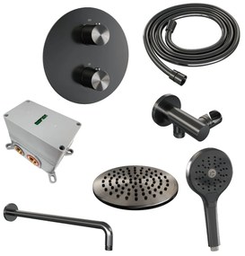 Brauer Gunmetal Edition thermostatische inbouw regendouche met 3 standen handdouche, gebogen muurarm en hoofddouche 20cm set 81 gunmetal geborsteld PVD