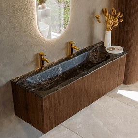 Mondiaz Kurve-dlux 145cm badmeubel ronding rechts walnut met 1 lade en deur en wastafel big large links 2 kraangaten lava