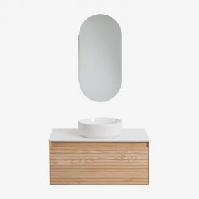 Tedrik Zwevend Badkamermeubelset Van Essenhout Ash Brown & Rond Keramiek Wit Ø40 Cm Lenka & Ovaal Met Opbergruimte 45x90 Cm Abner & Zonder Kraan -