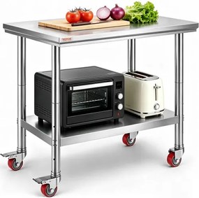 VEVOR roestvrijstalen keukentafel 90 x 60 x 85 cm met een draagvermogen van 136,08 kg, voorzien van 4 zwenkwielen, in 3 standen in hoogte verstelbaar, robuuste werktafel voor voedselbereiding, zilverkleurig