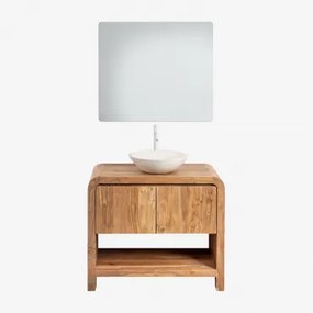 Vacry Houten Badkamermeubelset Acacia Bruin & Rond Cement Wit Ø40 Cm Zavion & Rechthoekige Led En Anticondens 80x70 Cm Riben & Wit ↑30 Cm Met Aftapkra