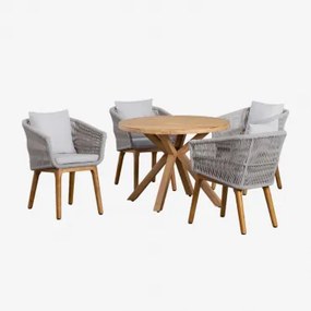 Set Van Ronde Houten Tafel (ø100 Cm) Naele En 4 Barker Eetkamerstoelen Ijsgrijs - Sklum