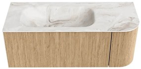 Mondiaz Kurve-dlux 115cm badmeubel ronding rechts oak met 1 lade en deur en wastafel big small links zonder kraangat frappe