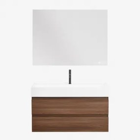 Badkamermeubelset Van Hout En Essenhoutfineer Met Geïntegreerde Wastafel Ona Donker Hout & Rectangular Led And Antifog 120x90 Cm Sivren - Sklum