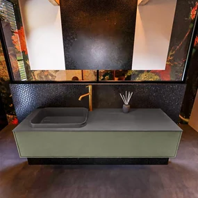 Mondiaz Erin 150cm badmeubel Army met 1 lade en donkergrijze wastafel links 1 kraangat