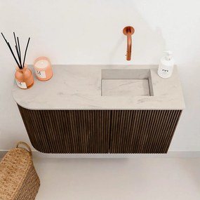 Mondiaz Joya DLux 70cm toiletmeubel ronding links walnut met wastafel faye rechts zonder kraangat opalo