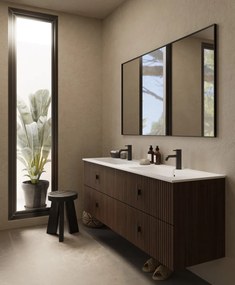 Muebles Avila badmeubel ribbelfront 160cm walnoot met dubbele wastafel met kraangaten