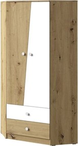 Hoekkledingkast Almira 101, Artisan eiken, Wit, 191x87x87cm, 81.99 kg, Kledingkast deuren: Met scharnieren, Aantal planken: 3, Aantal planken: 3