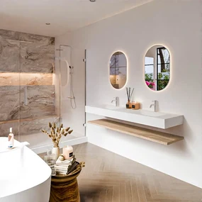 Zaro Alan badmeubel 170cm met planchet washed oak en vrijhangende wastafel cloud dubbel 2 kraangaten talc