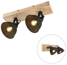 QAZQA Stoere Spot / Opbouwspot / Plafondspot zwart met hout 2-lichts - Fors Landelijk / Rustiek E14 rond Binnenverlichting Lamp