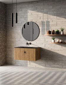 Muebles Raya badmeubel ribbelfront 80cm warm eiken met zwarte wastafel zonder kraangat