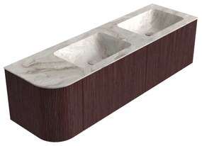 Mondiaz Kurve-dlux 155cm badmeubel ronding links ruby met 2 lades en 1 deur en wastafel leaf dubbel/rechts zonder kraangat frappe