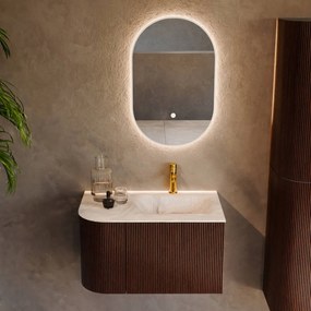 Mondiaz Kurve-dlux 75cm badmeubel ronding links ruby met 1 lade en deur en wastafel grunne kraangat rechts frappe