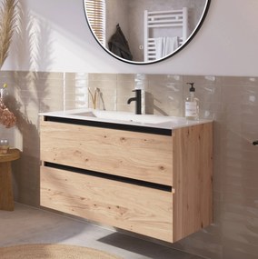 Saqu Gaia badmeubel incl. keramische wastafel 100x46x61cm naturel eiken – zwarte greeplijst