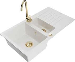 Mexen Matias granieten spoelbak 1,5-komorige met afdruiprek en keukenkraan Telma, wit - 6502-20-670200-50