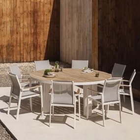 Ronde Tafelset Riviera, Ø180 Cm, In Teakhout En Aluminium, En 8 Stapelbare Aluminium Tuinstoelen, Elvira Teakhout - Sklum