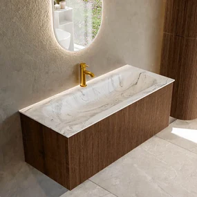 Mondiaz Kurve-dlux 110cm badmeubel walnut met 1 lade en wastafel big medium midden 1 kraangat glace