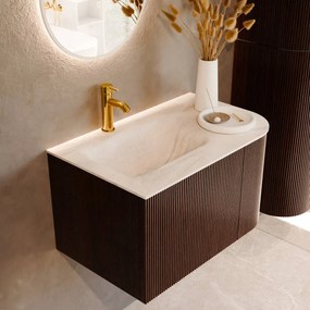 Mondiaz Kurve-dlux 75cm badmeubel ronding rechts ruby met 1 lade en deur en wastafel grunne kraangat links ostra