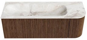 Mondiaz Kurve-dlux 125cm badmeubel ronding rechts walnut met 1 lade en deur en wastafel big medium kraangat links frappe