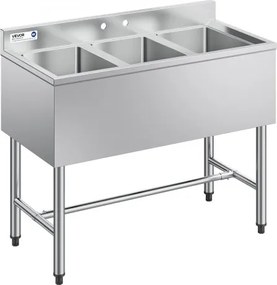 VEVOR 3-delige keukenspoelbak met spatbescherming en efficiënte afvoer (978 x 470 x 838 mm), geschikt voor restaurants, foodtrucks en privégebruik, roestvrijstalen spoelbak
