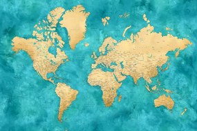 Kaart Detailed world map with cities in gold and teal watercolor, Lexy, Blursbyai