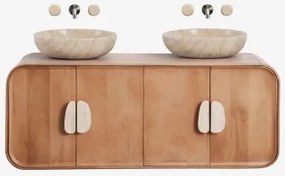 Dubbel Zwevend Badkamermeubelset 130x45 Cm Van Mangohout En Natuurlijke Kivalina-steen Travertijn - Mangohout & 2 X Ronde Travertijn Ø40 Cm Eskel -
