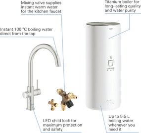 Grohe Red 3-in-1 kokendwaterkraan met C-uitloop en combi boiler supersteel