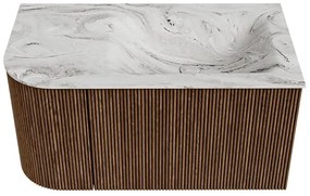 Mondiaz Kurve-dlux 85cm badmeubel ronding links walnut met 1 lade en deur en wastafel cloud kraangat rechts glace