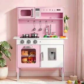 VEVOR Speelkeuken voor Kinderen, Houten Kinderkeuken met Licht &amp; Geluid, Houten Keuken met Fornuis, Oven, Spoelbak, Magnetron, IJsdispenser &amp; Drankdispenser, Keukenspeelgoed met Kookset voor Kinderen vanaf 3 jaar, Roze